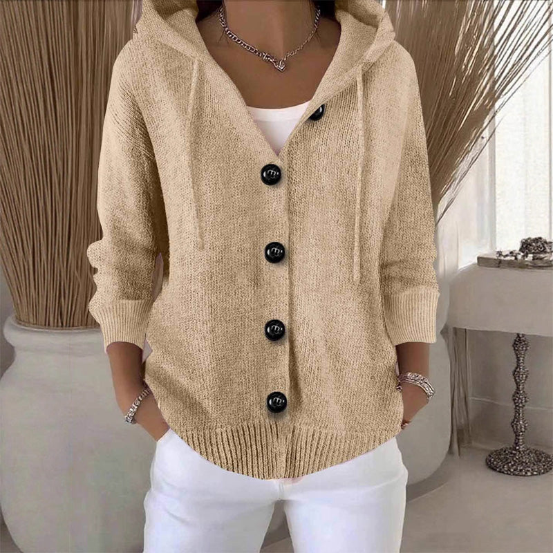 Cardigan lungo in maglia da donna con cappuccio e bottoni, a manica lunga - Beige