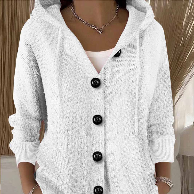 Cardigan lungo in maglia da donna con cappuccio e bottoni, a manica lunga - Bianco