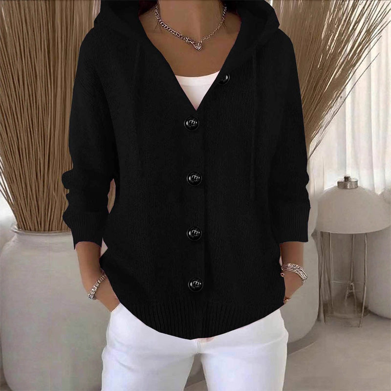 Cardigan lungo in maglia da donna con cappuccio e bottoni, a manica lunga - Nero