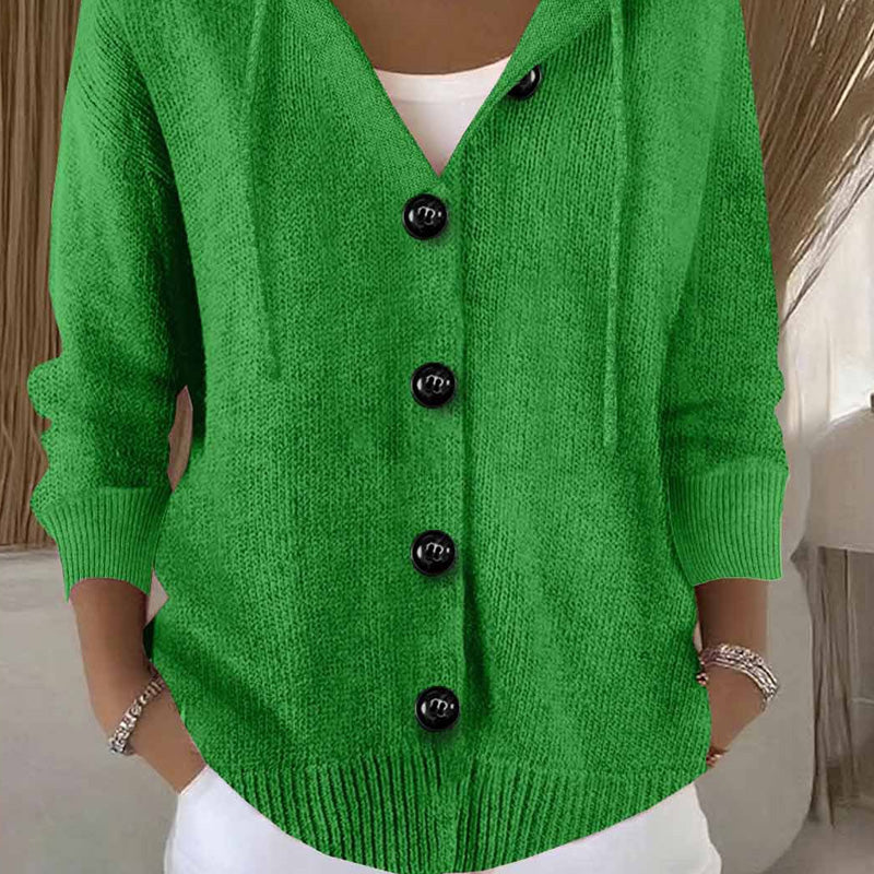 Cardigan lungo in maglia da donna con cappuccio e bottoni, a manica lunga - Verde