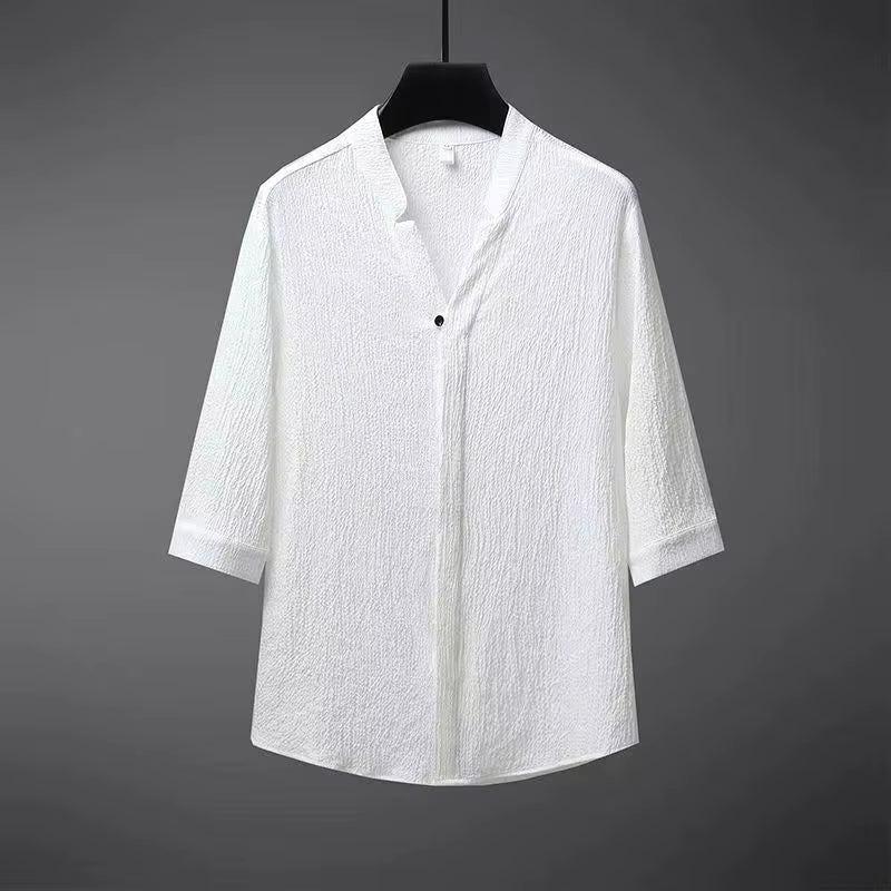Completo di lino da uomo, camicia scollo a V a manica 3/4 e pantaloni, estivo casual - view 4