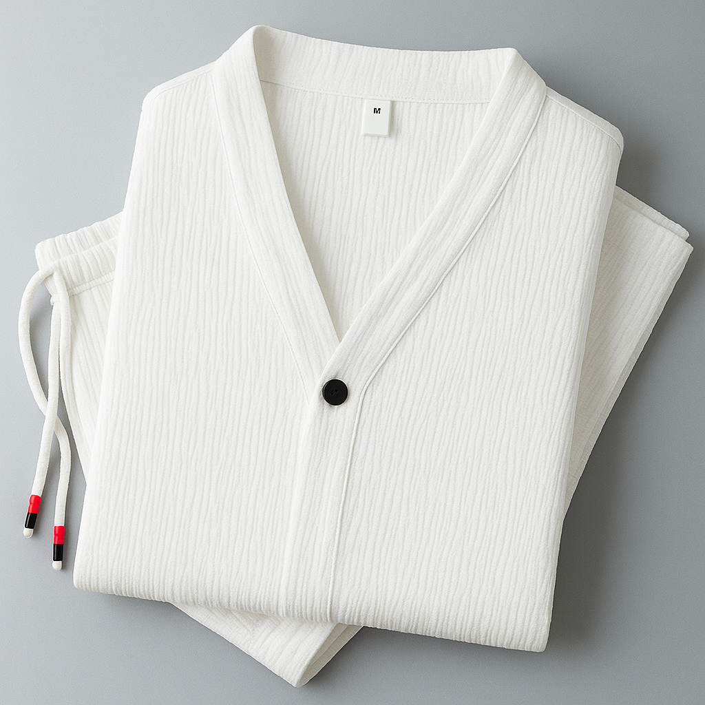 Completo di lino da uomo, camicia scollo a V a manica 3/4 e pantaloni, estivo casual - view 5