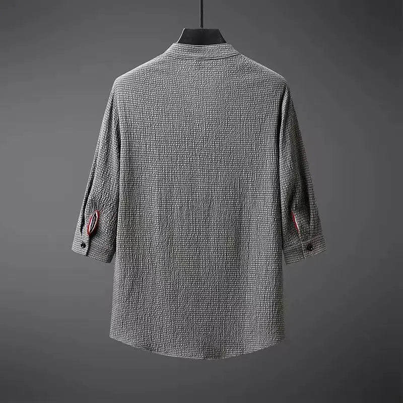 Completo di lino da uomo, camicia scollo a V a manica 3/4 e pantaloni, estivo casual - view 7
