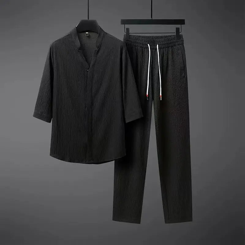 Completo di lino da uomo, camicia scollo a V a manica 3/4 e pantaloni, estivo casual - Nero