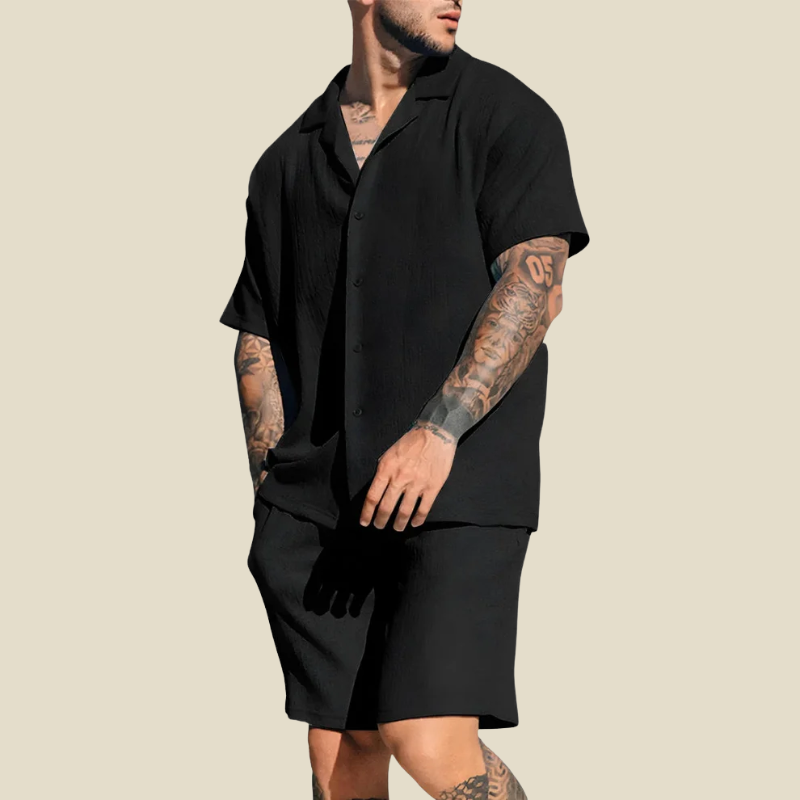 Completo due pezzi da uomo: camicia a manica corta e pantaloncini elastici, casual ed estivo da mare - Nero