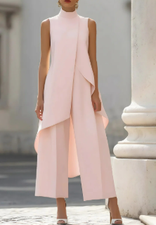 Completo due pezzi donna asimmetrico, top a collo alto senza maniche e pantalone a gamba larga, elegante per cerimonia - view 11