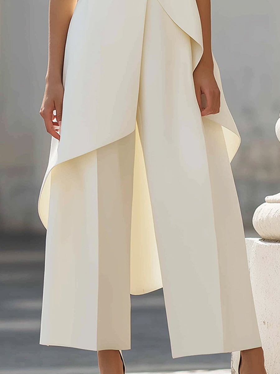 Completo due pezzi donna asimmetrico, top a collo alto senza maniche e pantalone a gamba larga, elegante per cerimonia - view 8