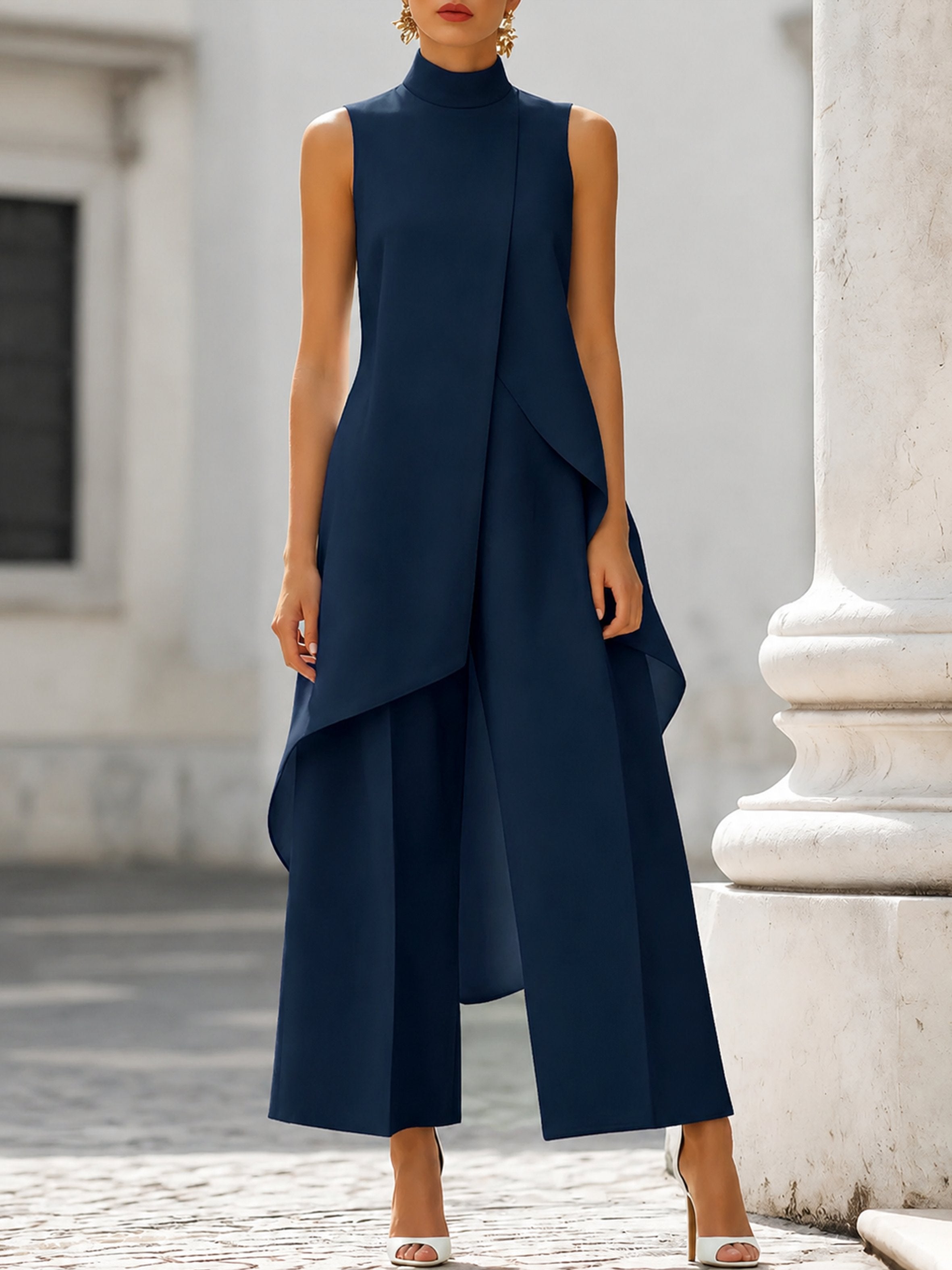 Completo due pezzi donna asimmetrico, top a collo alto senza maniche e pantalone a gamba larga, elegante per cerimonia - Blu Marino