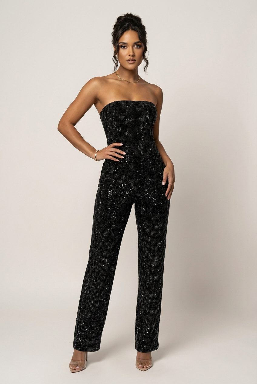 Completo elegante da donna con paillettes, top strapless e pantalone a vita alta, due pezzi da sera - Nero