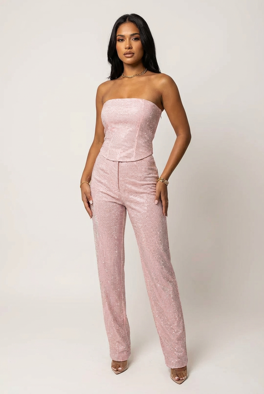 Completo elegante da donna con paillettes, top strapless e pantalone a vita alta, due pezzi da sera - Rosa