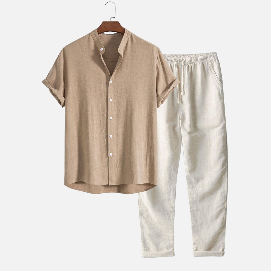 Completo in misto lino da uomo con camicia e pantaloni, casual ed estivo da mare, coordinato uomo - Beige