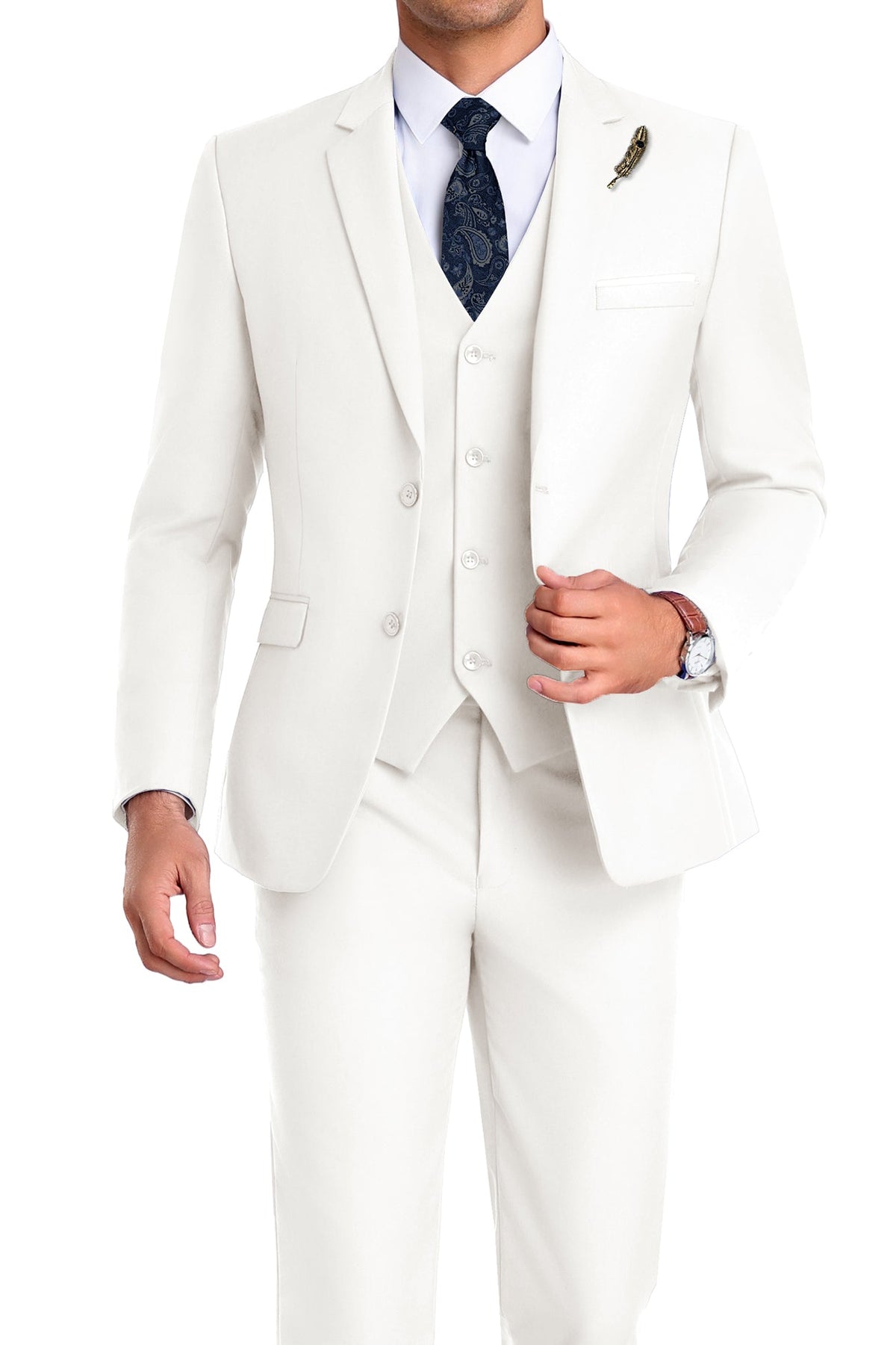 Completo uomo elegante 3 pezzi slim fit con gilet, da cerimonia e matrimonio - Avorio