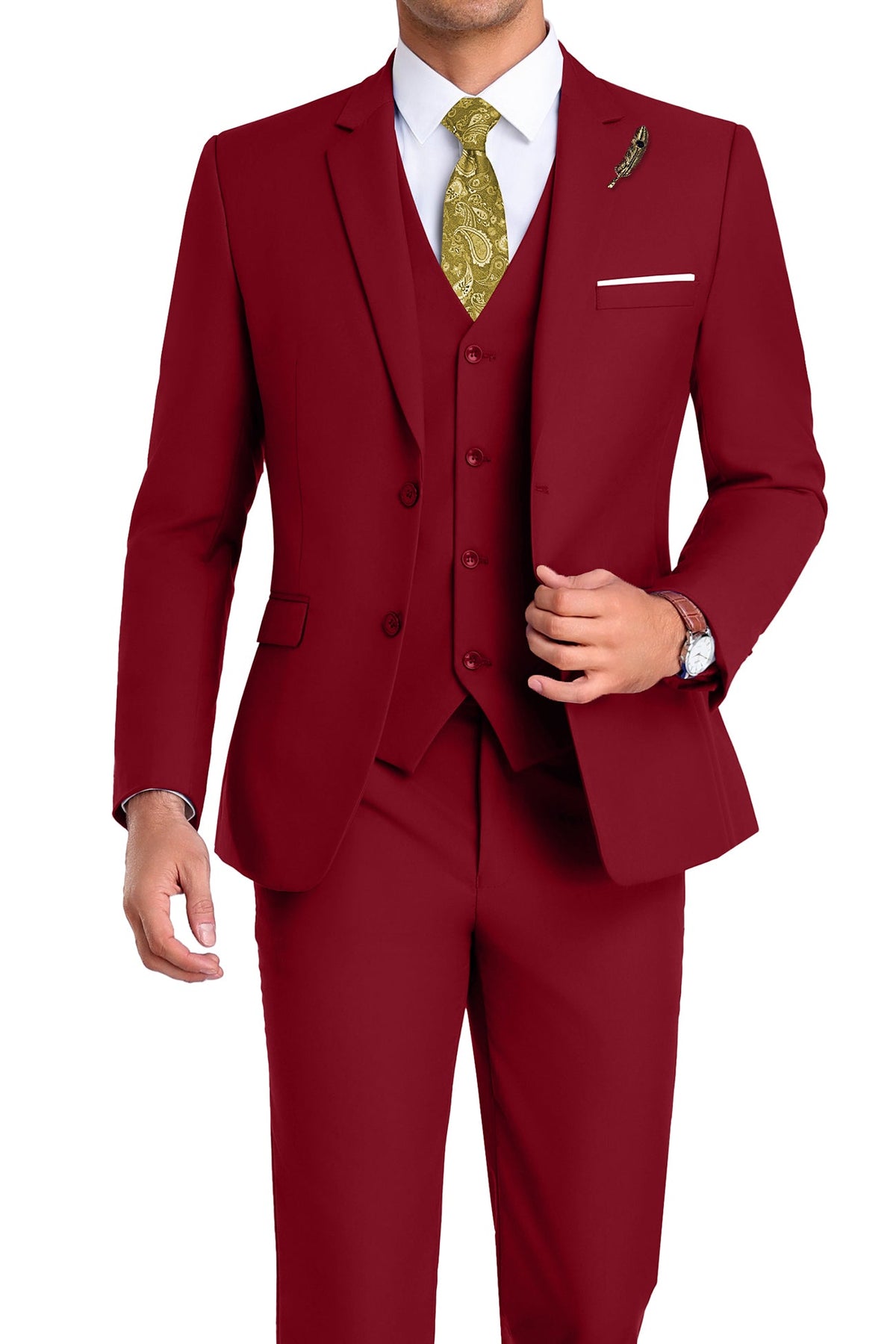 Completo uomo elegante 3 pezzi slim fit con gilet, da cerimonia e matrimonio - Rosso
