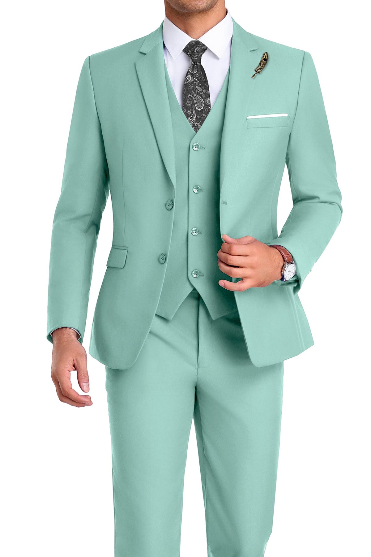 Completo uomo elegante 3 pezzi slim fit con gilet, da cerimonia e matrimonio - Verde menta