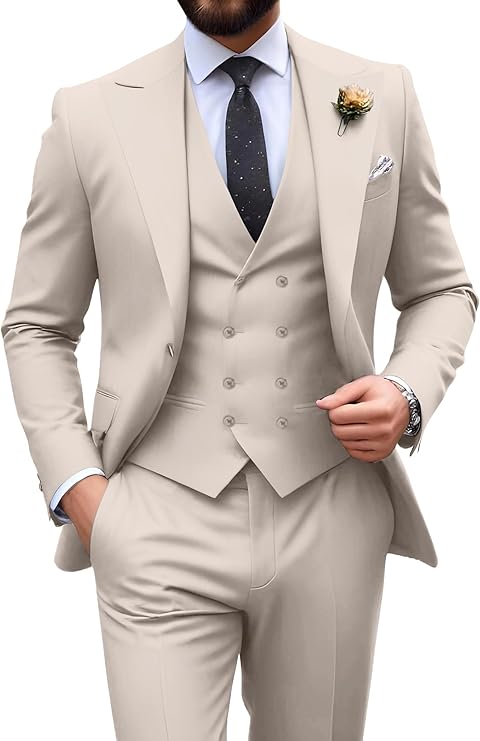 Completo uomo elegante tre pezzi con gilet e revers a lancia, slim fit, per matrimonio e cerimonia - Beige