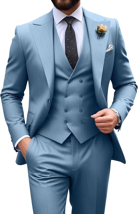 Completo uomo elegante tre pezzi con gilet e revers a lancia, slim fit, per matrimonio e cerimonia - Blu polvere