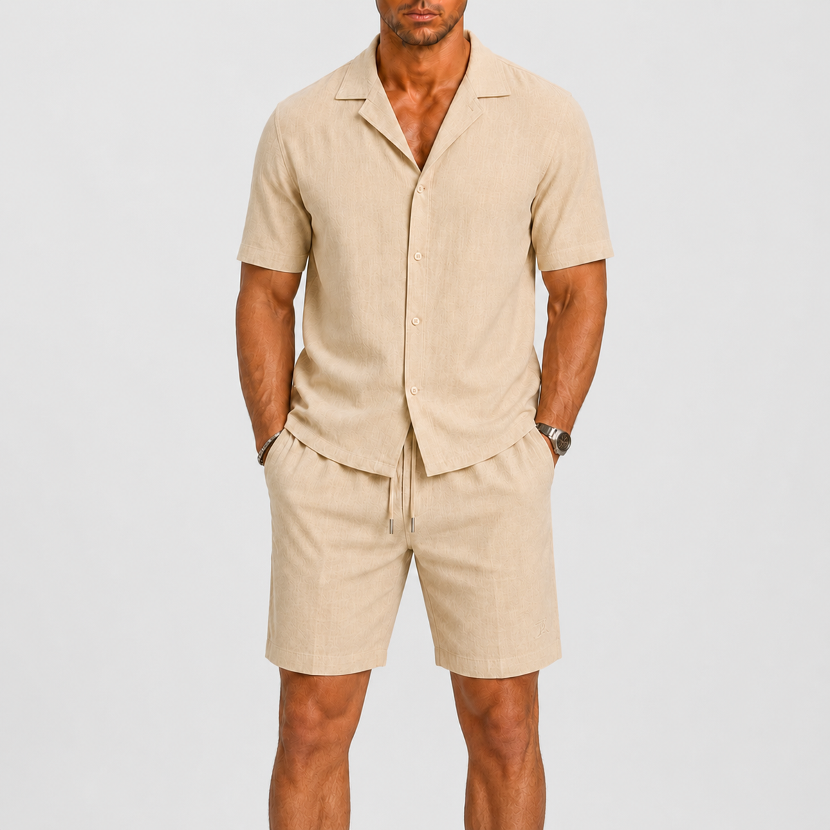 Completo uomo in lino, camicia con collo camp e shorts, estivo e casual per le vacanze - Beige