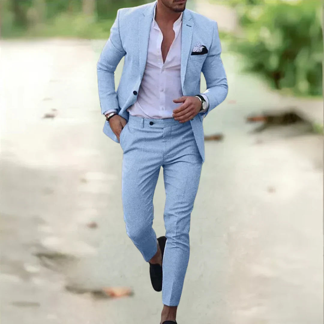 Completo uomo in lino slim fit 2 pezzi, elegante per matrimonio, cerimonia e ufficio - Azzurro chiaro