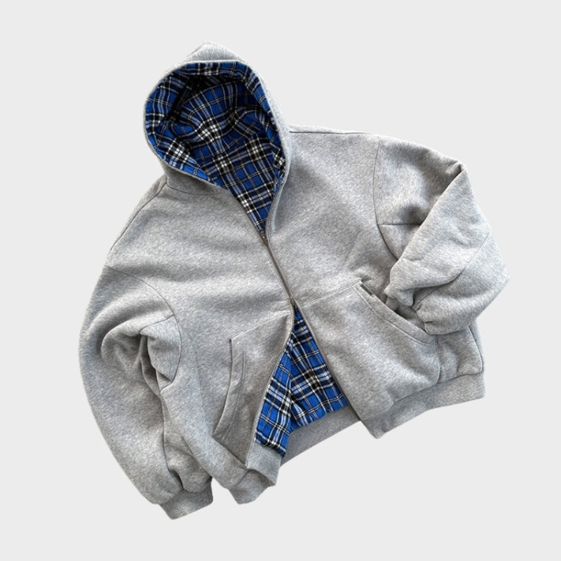 Felpa con cappuccio oversize da uomo reversibile con zip e fantasia a quadri, stile streetwear casual - view 4
