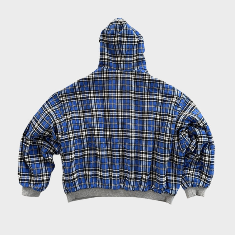 Felpa con cappuccio oversize da uomo reversibile con zip e fantasia a quadri, stile streetwear casual - view 7