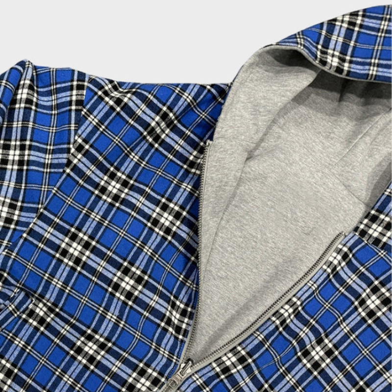 Felpa con cappuccio oversize da uomo reversibile con zip e fantasia a quadri, stile streetwear casual - view 8