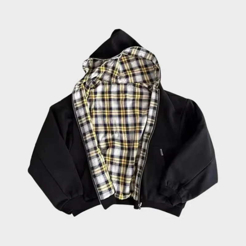 Felpa con cappuccio oversize da uomo reversibile con zip e fantasia a quadri, stile streetwear casual - Nero