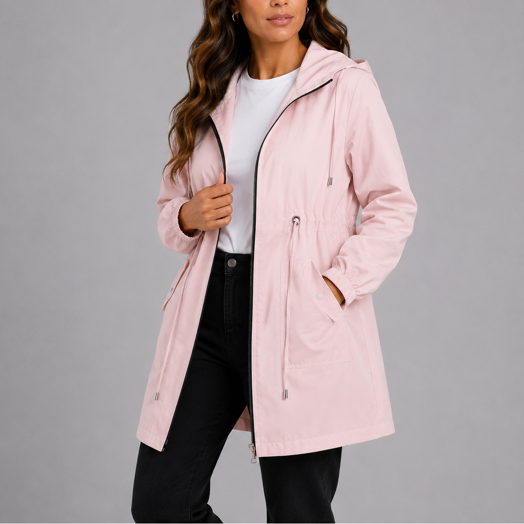 Giacca antipioggia da donna leggera con cappuccio e coulisse in vita, per la primavera e mezza stagione - giacca a vento - Rosa