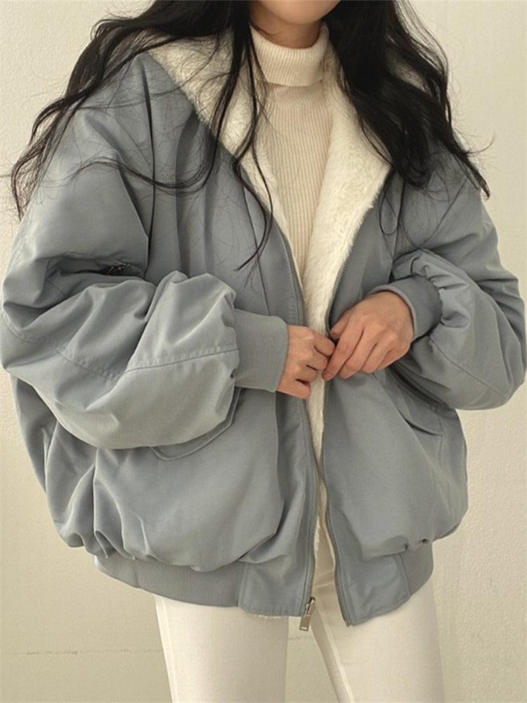 Giacca bomber teddy da donna reversibile con cappuccio, oversize e calda per l'inverno - view 11