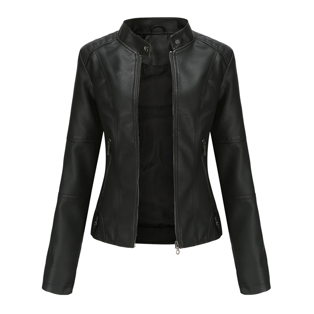 Giacca corta in similpelle da donna con zip e collo alla coreana, vestibilità slim, casual ed elegante - view 7