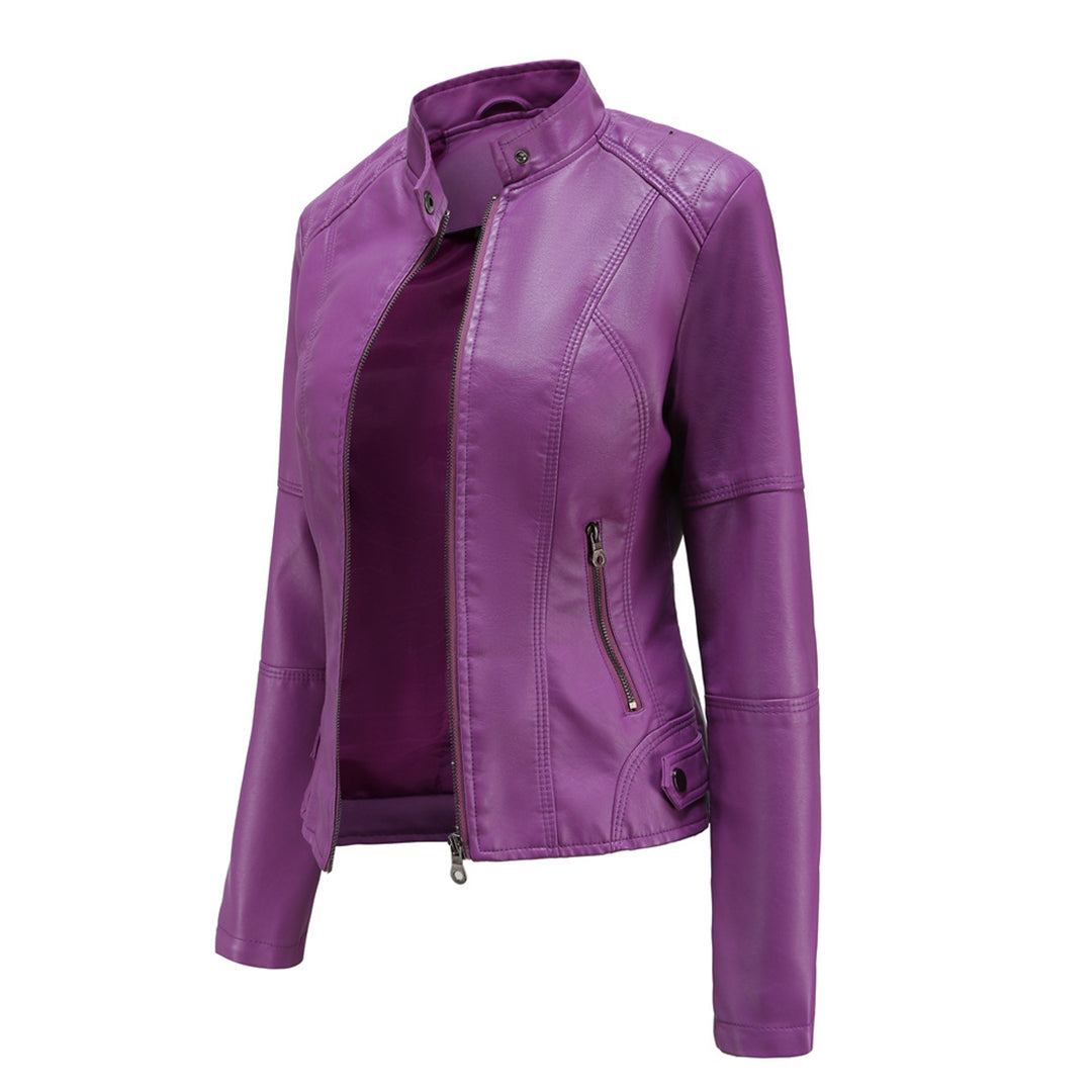 Giacca corta in similpelle da donna con zip e collo alla coreana, vestibilità slim, casual ed elegante - view 9