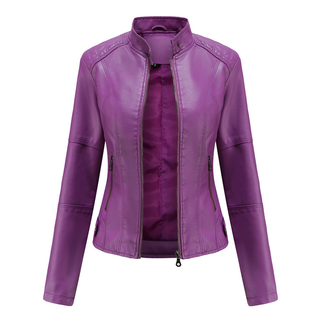 Giacca corta in similpelle da donna con zip e collo alla coreana, vestibilità slim, casual ed elegante - Lilla