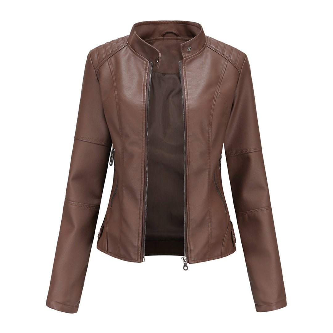 Giacca corta in similpelle da donna con zip e collo alla coreana, vestibilità slim, casual ed elegante - Marrone scuro