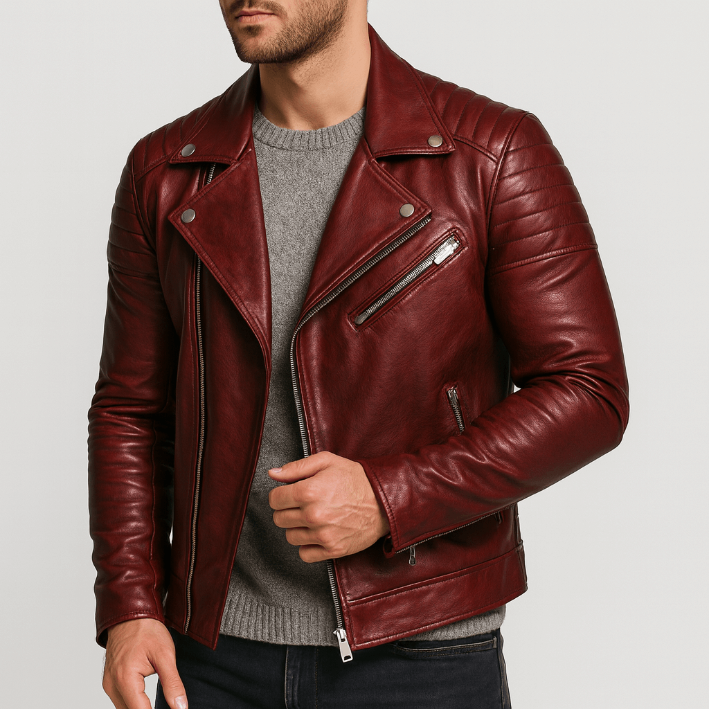 Giacca di pelle da uomo stile biker con zip, chiodo casual - giubbotto in pelle uomo - Rosso