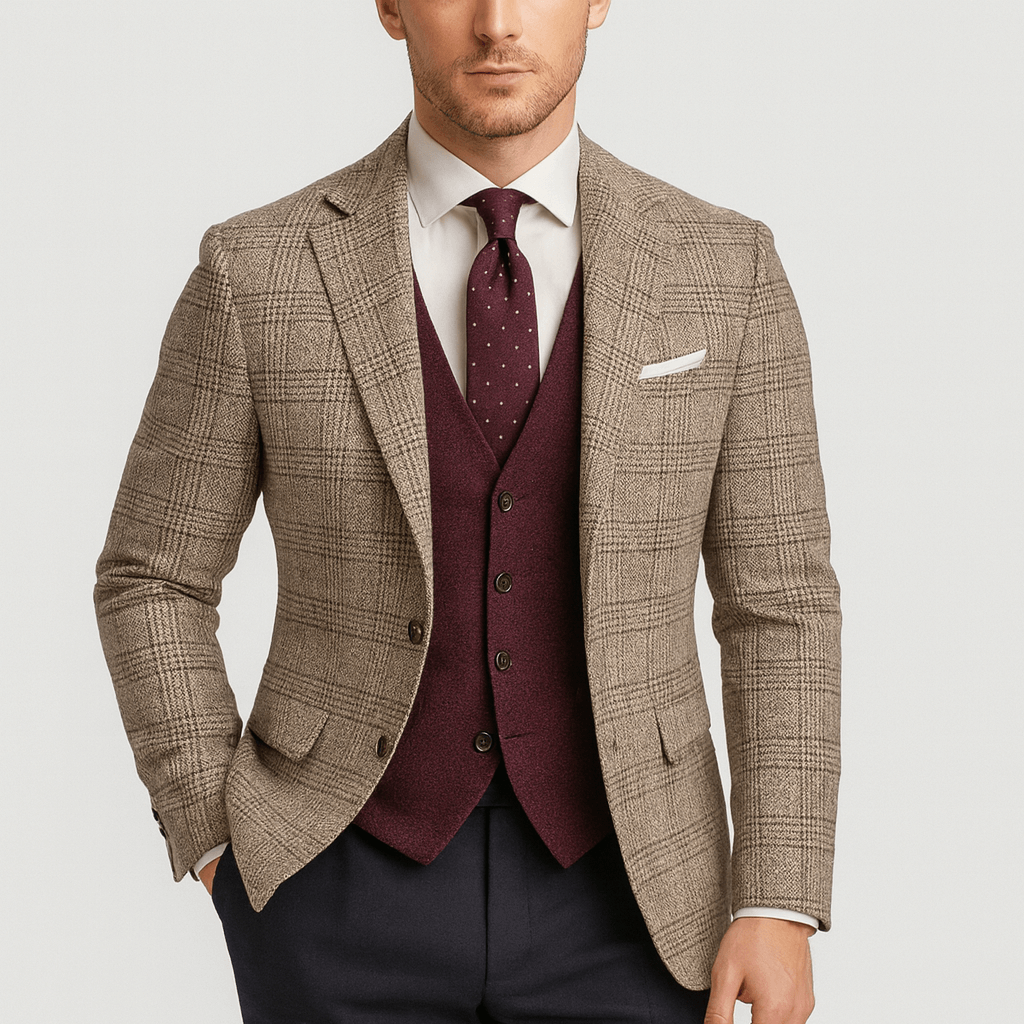 Giacca elegante da uomo con revers a lancia e vestibilità slim, per cerimonia, ufficio e smart casual - Marrone