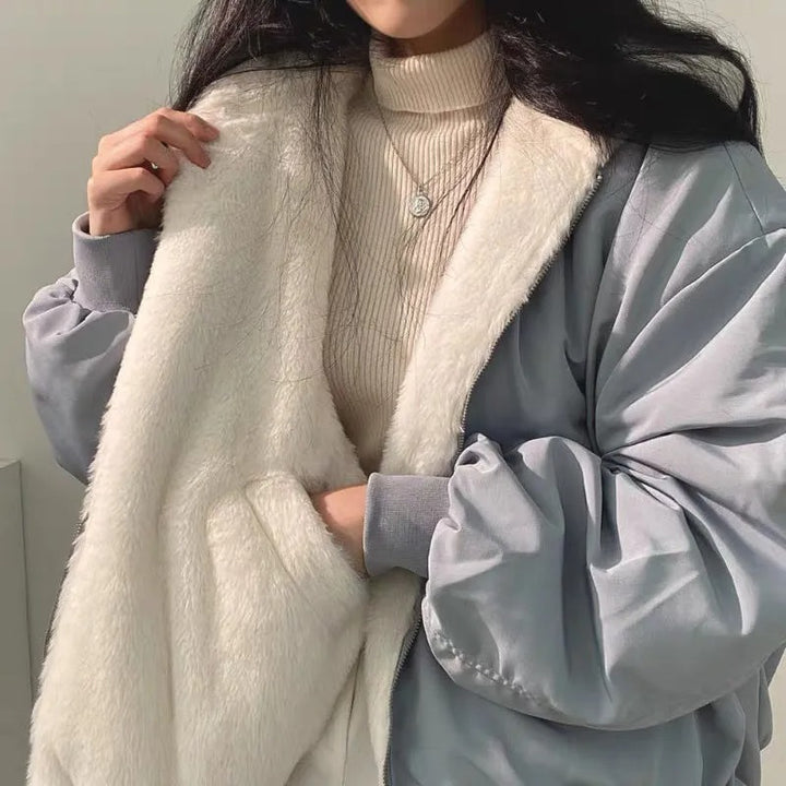 Giacca invernale da donna doppio strato con cappuccio e interno in pile, oversize e calda - Blu