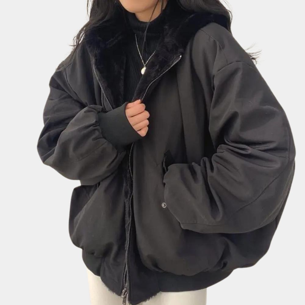 Giacca invernale donna imbottita con cappuccio e pelo, taglio oversize - Nero