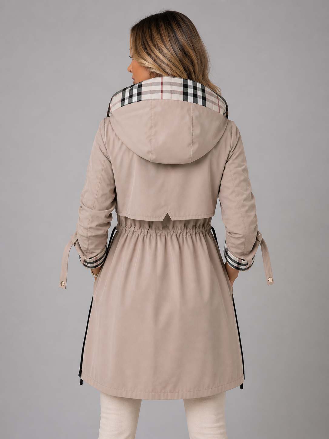 Giacca lunga da donna con cappuccio e coulisse in vita, zip frontale, per mezza stagione e primavera - view 4