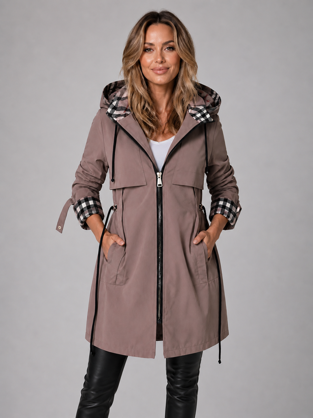 Giacca lunga da donna con cappuccio e coulisse in vita, zip frontale, per mezza stagione e primavera - Marrone