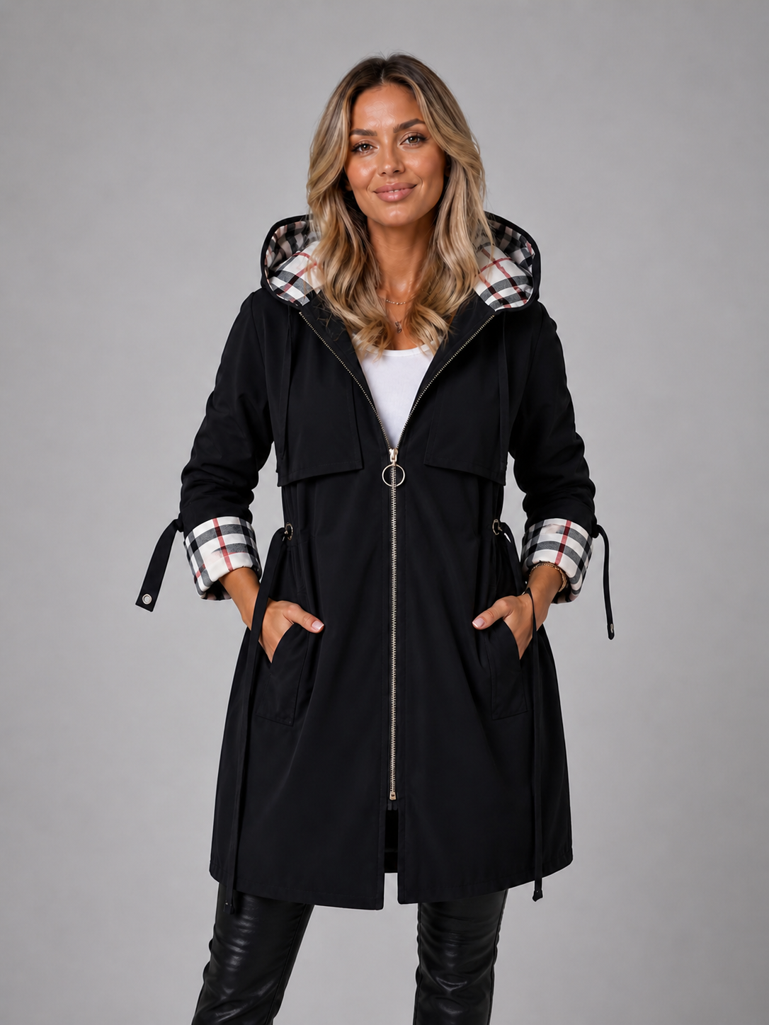 Giacca lunga da donna con cappuccio e coulisse in vita, zip frontale, per mezza stagione e primavera - Nero