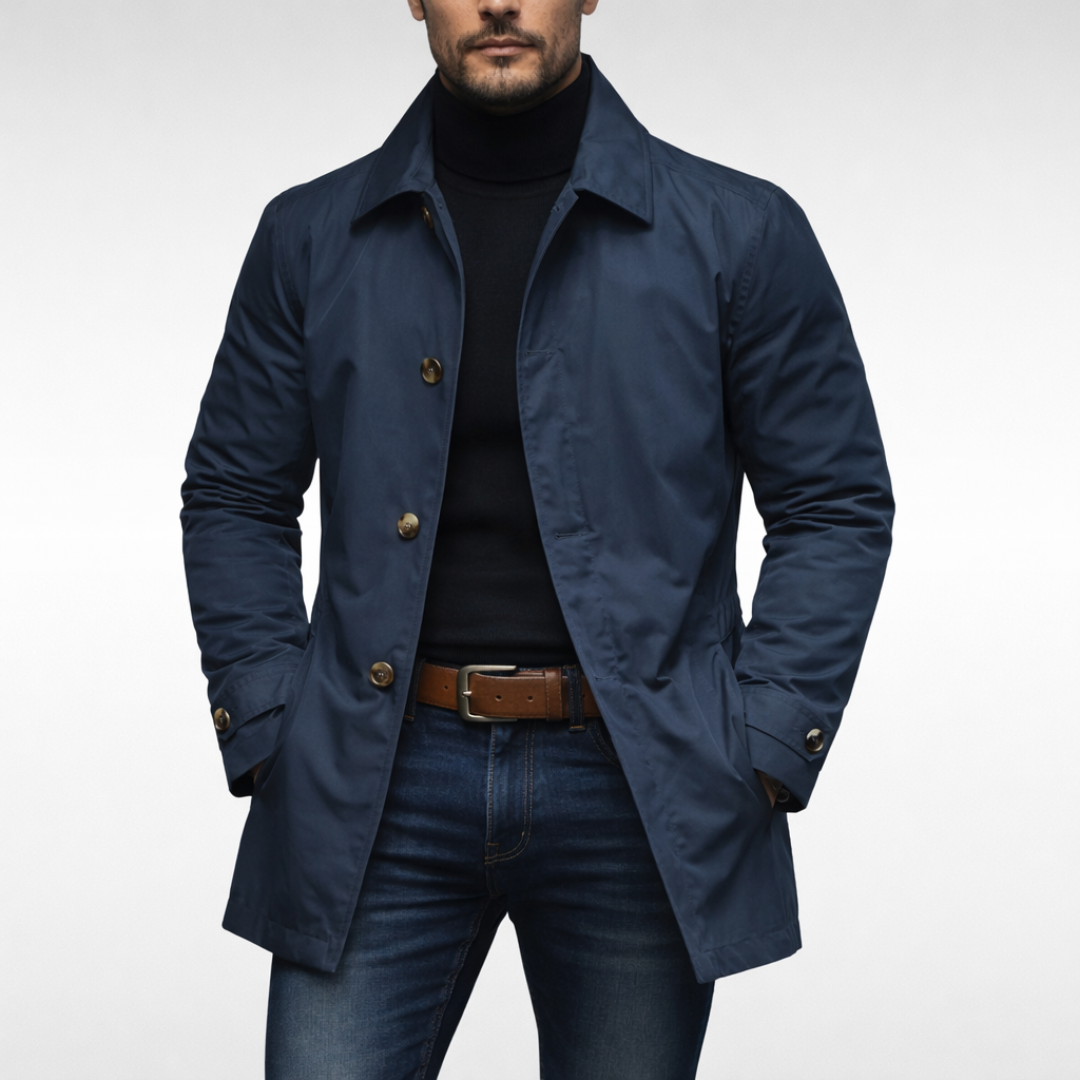 Giacca lunga leggera da uomo, soprabito elegante per ufficio, città e mezza stagione - Blu marino
