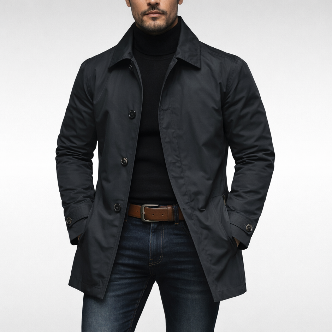 Giacca lunga leggera da uomo, soprabito elegante per ufficio, città e mezza stagione - Nero