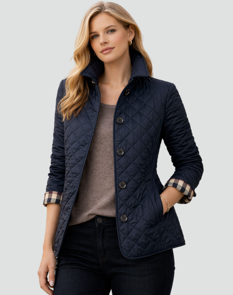 Giacca trapuntata da donna mezza stagione, leggera e imbottita con bottoni, per primavera e autunno - Blu navy
