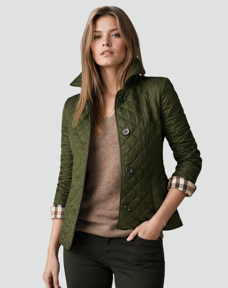 Giacca trapuntata da donna mezza stagione, leggera e imbottita con bottoni, per primavera e autunno - Verde
