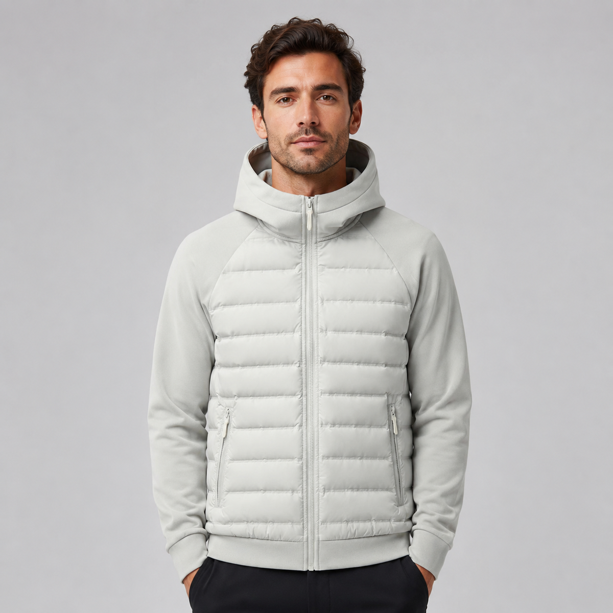 Giubbotto uomo con cappuccio trapuntato, giacca invernale imbottita con zip - Grigio