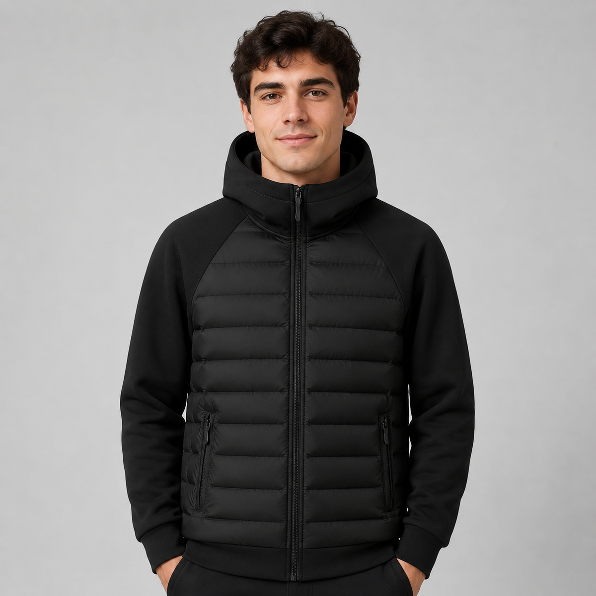 Giubbotto uomo con cappuccio trapuntato, giacca invernale imbottita con zip - Nero