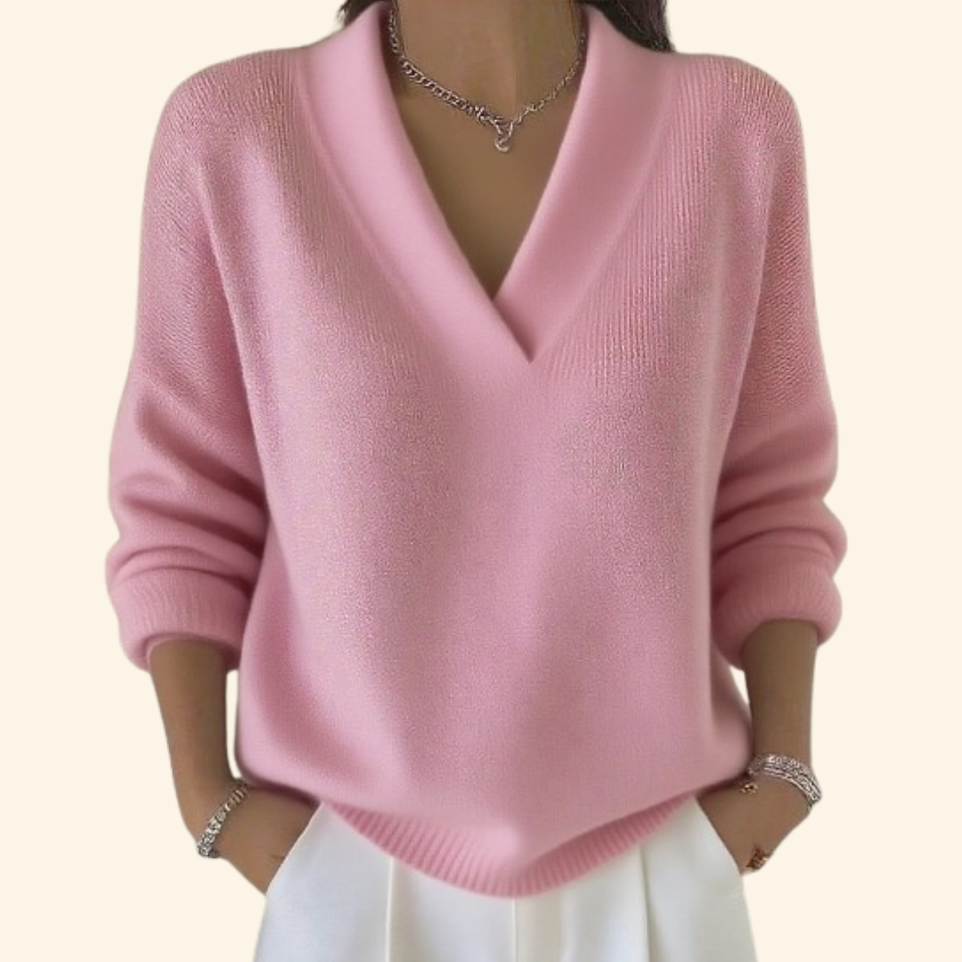 Maglione da donna con scollo a V, in morbida maglia a manica lunga, elegante - Rosa