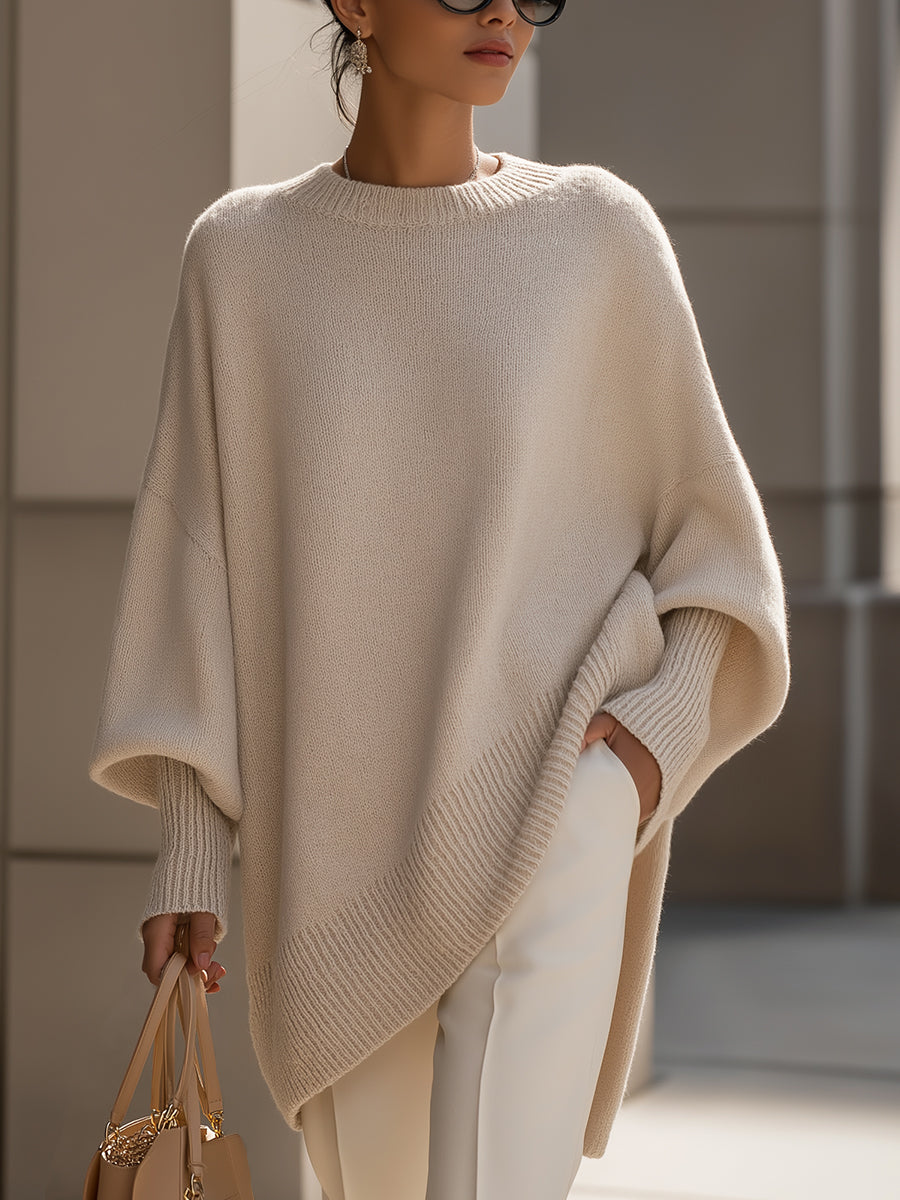 Maglione oversize da donna in misto lana con orlo asimmetrico, ideale per l'autunno e l'inverno - Beige (quasi esaurito)