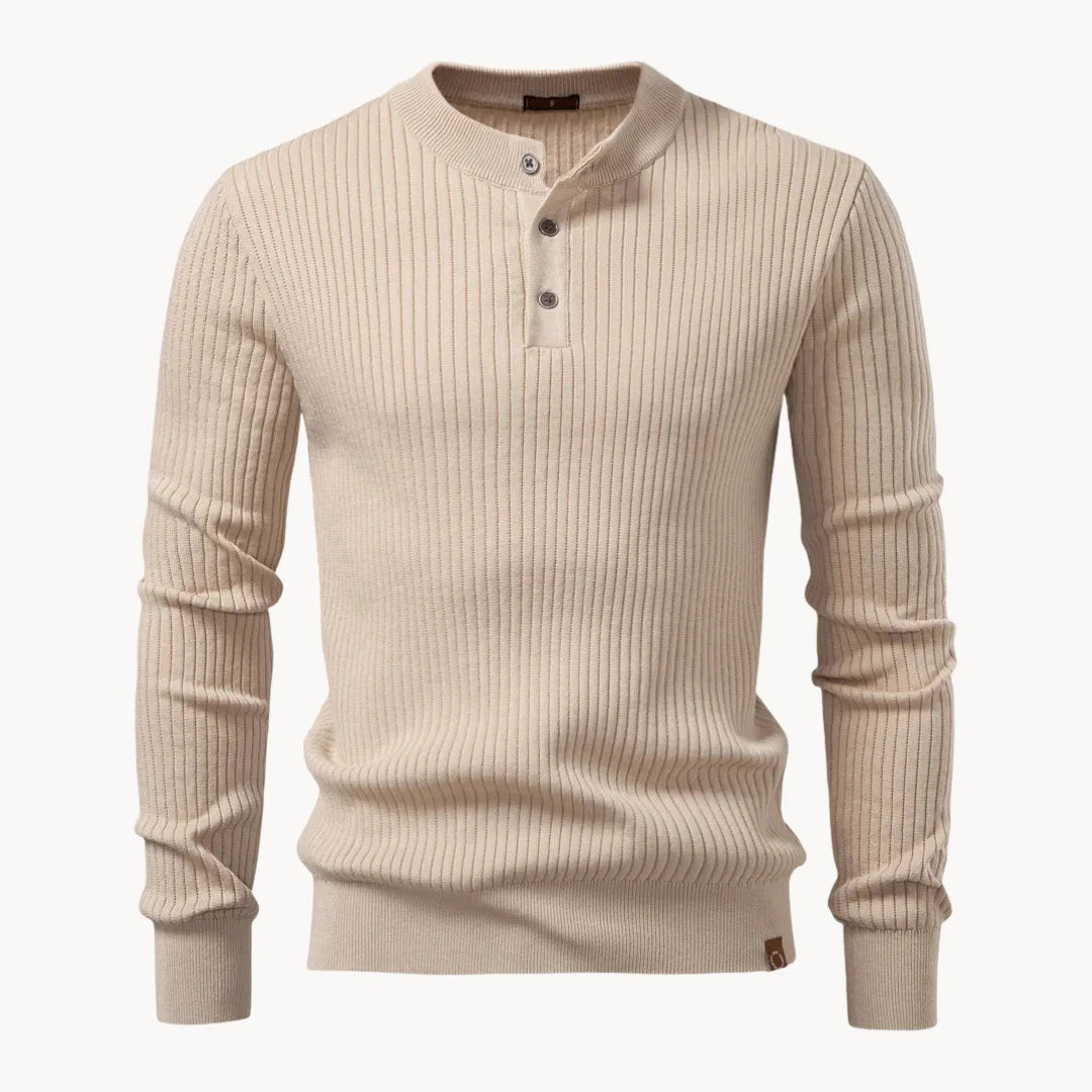 Maglione uomo girocollo con bottoni e maniche lunghe, a costine, casual - Beige