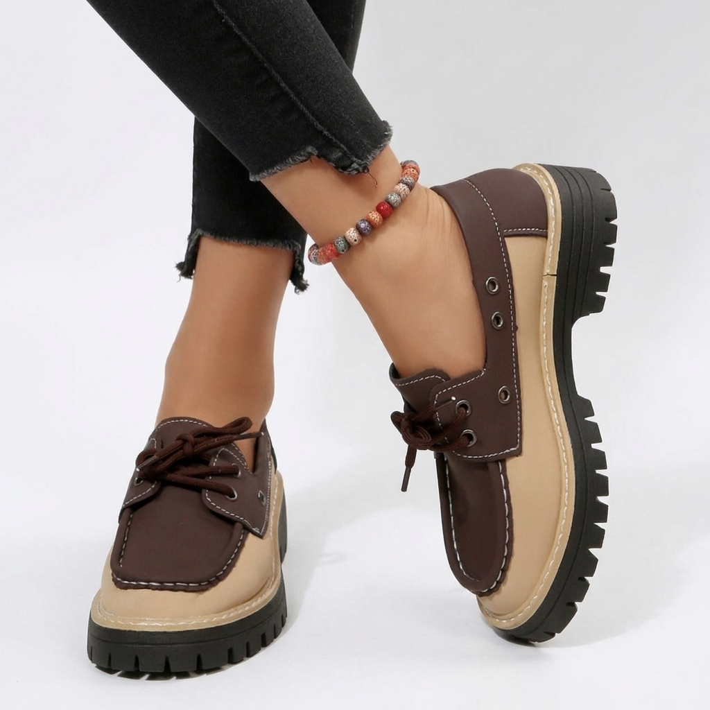 Mocassini platform da donna con lacci, suola carrarmato e stile casual - Marrone