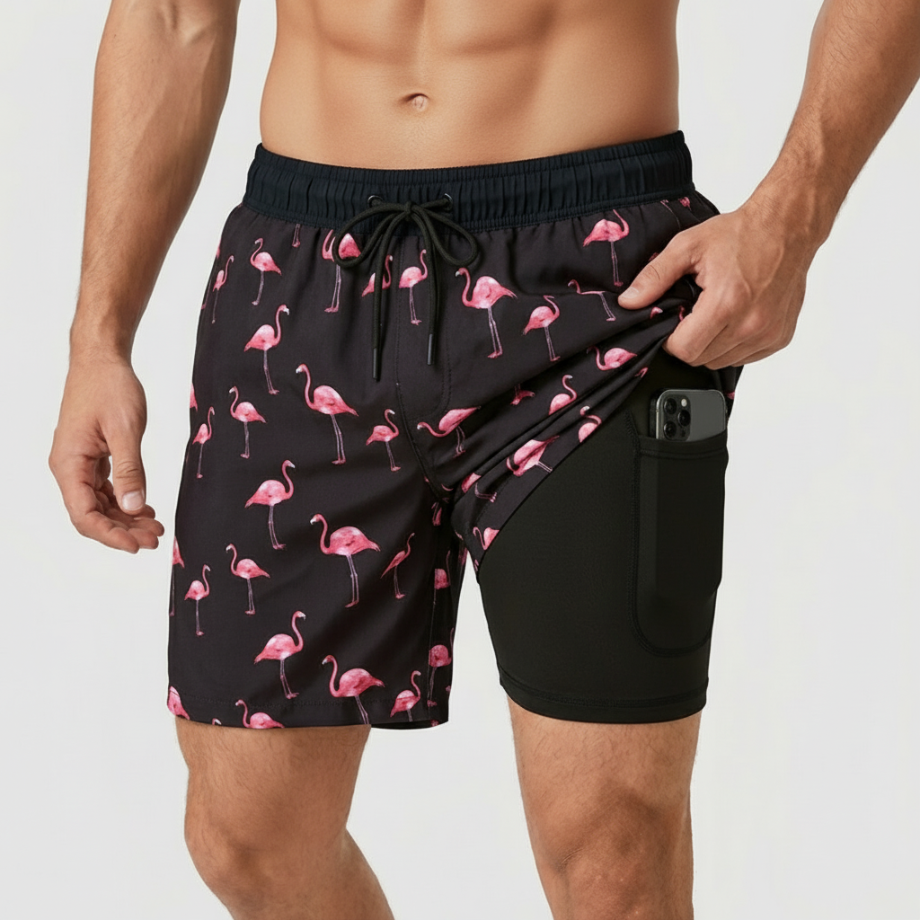 Pantaloncini da bagno da uomo ad asciugatura rapida con fodera interna e coulisse, per mare e piscina - Nero